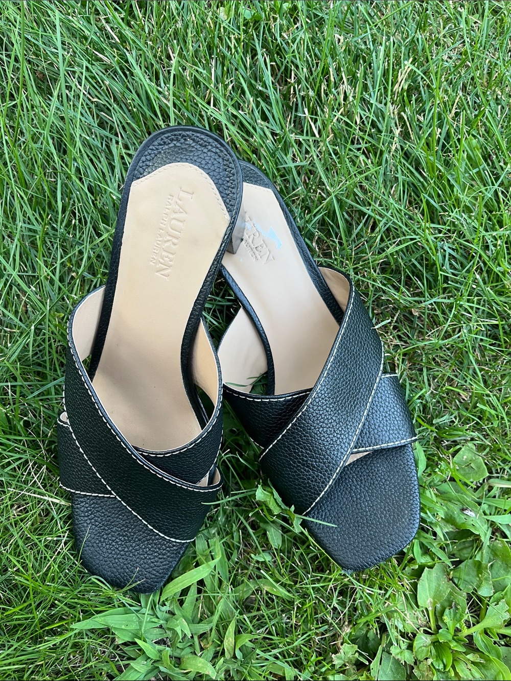 Lauren Ralph Lauren Black Textured Crossband Slide Mules 6.5
